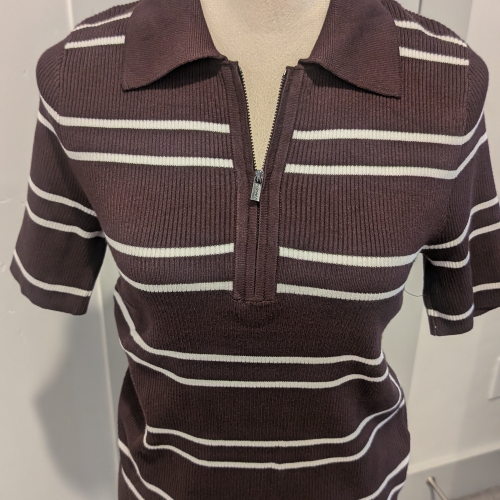 Calvin Klein Brown and White Striped V-Neck Sweater